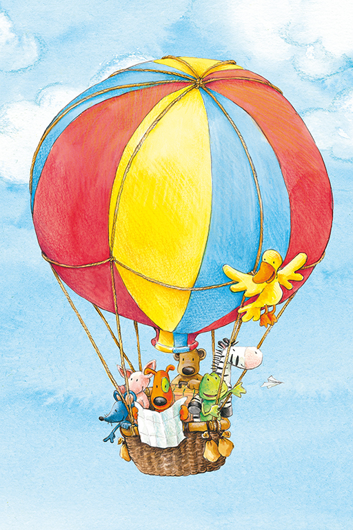 Farbenfrohe Ballon-Illustration aus der Kinderbuchreihe 'Die Lieben Sieben'.