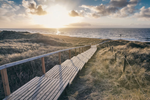 Holzsteg, der durch die Dünen zum Strand von Rantum auf Sylt führt, unter dem goldenen Licht der untergehenden Sonne.