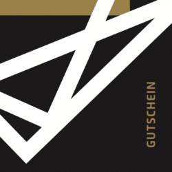 Münster Gutschein - Schwarz-weißes geometrisches Design mit dem Wort 'GUTSCHEIN' in goldenem Text.