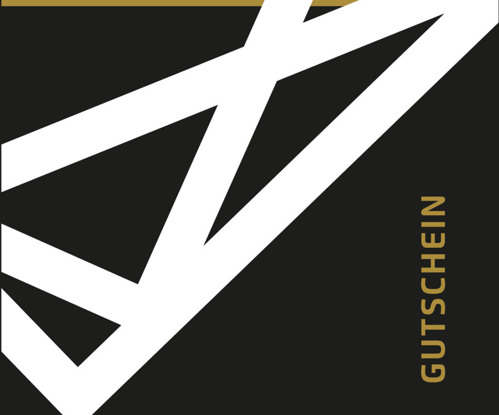 Münster Gutschein - Schwarz-weißes geometrisches Design mit dem Wort 'GUTSCHEIN' in goldenem Text.