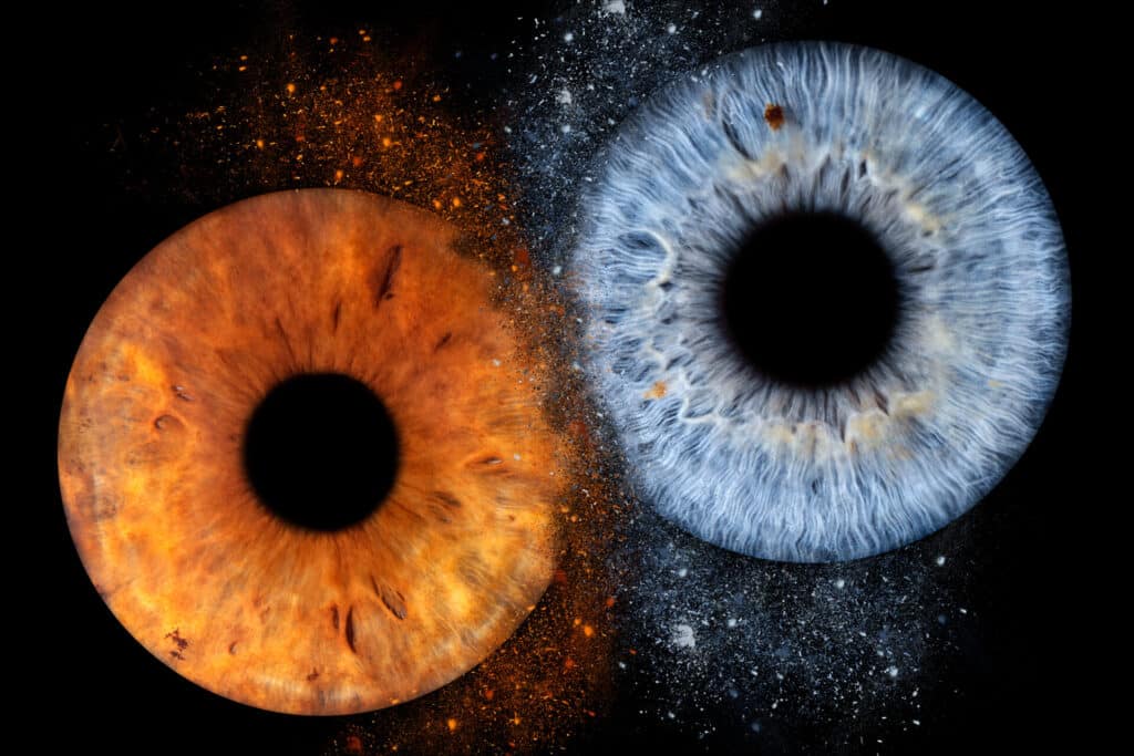 Irisfotografie Wandbild – zwei Iriden mit Explosion-Effekt auf Stoffdruck