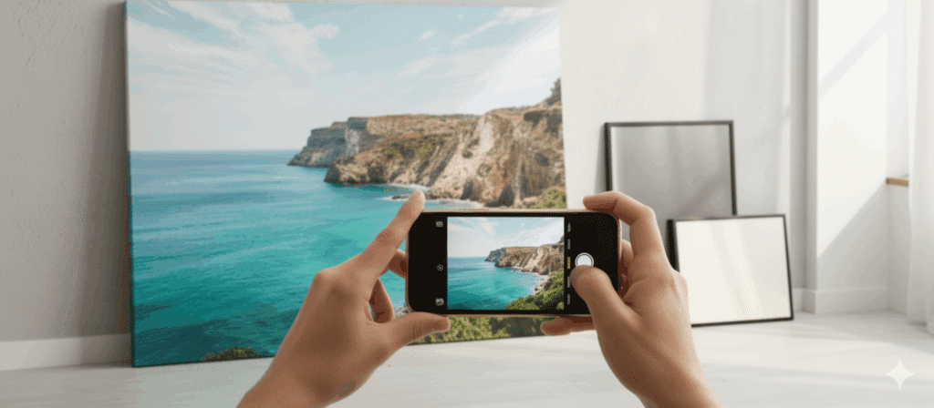 Eine Person hält ein Smartphone vor einen großen Leinwanddruck mit einem Küstenmotiv, um die brillante Druckqualität für individuelle Wandbilder zu demonstrieren.